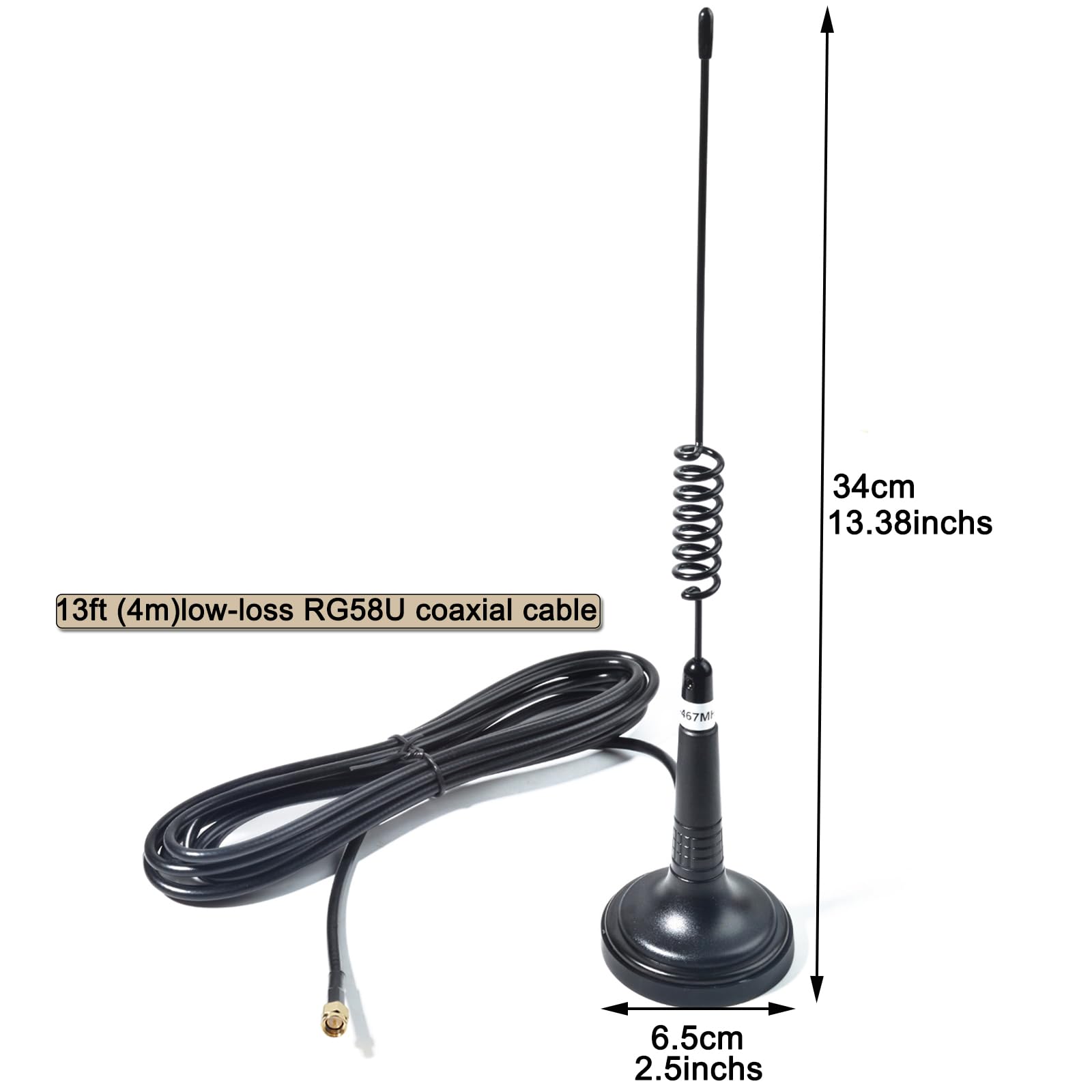 HYS Antena de base de montaje magnético de 460 a 470 MHz con cable de 13 pies con SMA macho, antena GMRS de acero inoxidable de 2.5 pulgadas para radio GMRS de mano o dispositivo móvil Cobra Midland