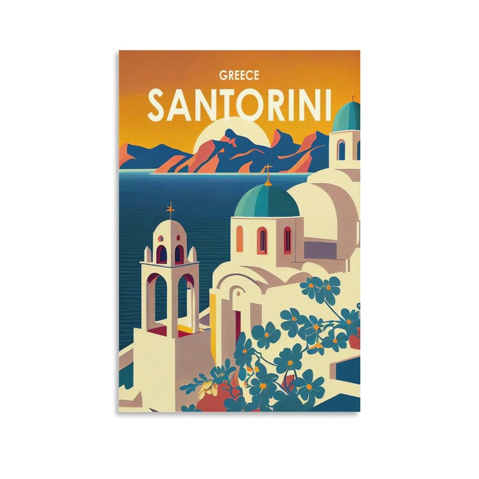 Orbana Unframe-Style Santorini Greece Vintage Travel Posters Landscape 08X12inch(20X30cm) Canvas Print For Living Room, Bedroom, Dorm, Home, Office Wall Decoration