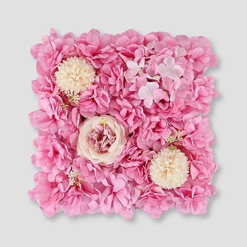 Image of Artificial Flower Wall Panel, Pink Rose Hydrangea Mixed Floral, Silk Cloth, 38x38 CM, Wedding Photography Home Decoration, 2 Pieces (Dark Pink, 38 * 38cm)
