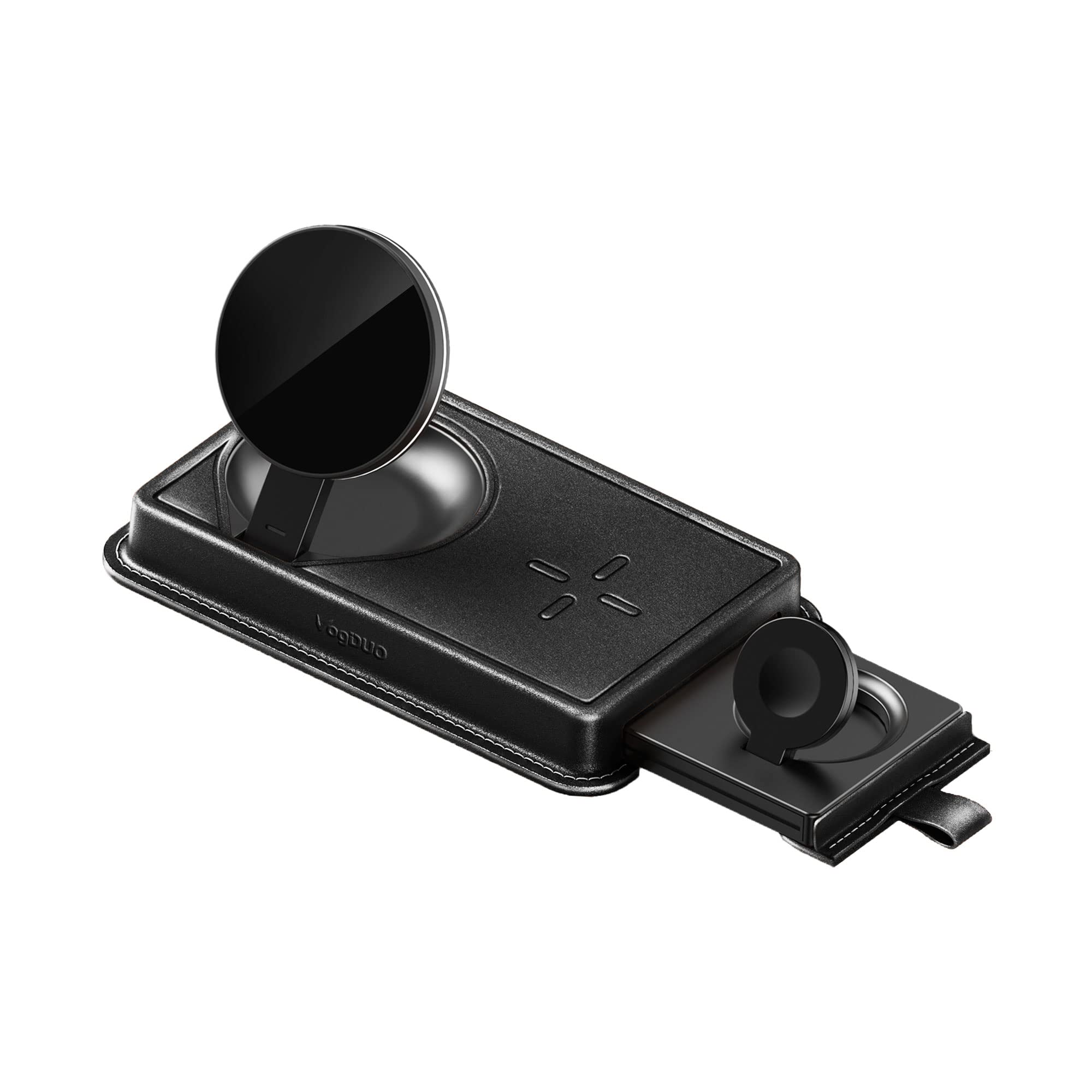 VogDUO3 in 1 Wireless Magnetic Charging Station - 15W Charger Dock Stand with Genuine Leather Cover 6ft Extension Cables Switchable Nightlight for iPhone, MagSafe Cases, AirPods, Apple Watch (Black)