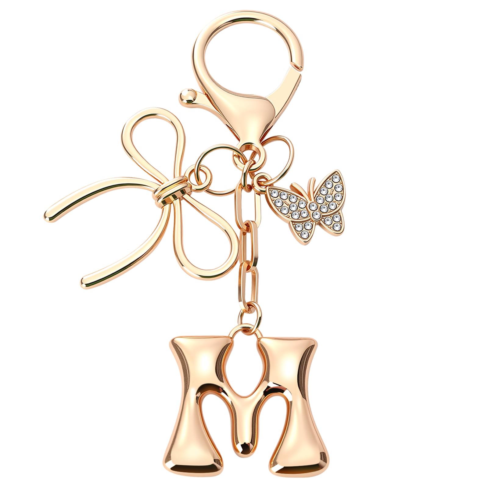 Sylixonae Bubble Initial Keychain with Bow & Butterfly - Gold Letter Bag Charms for Women, Cute Purse Handbag Accessories