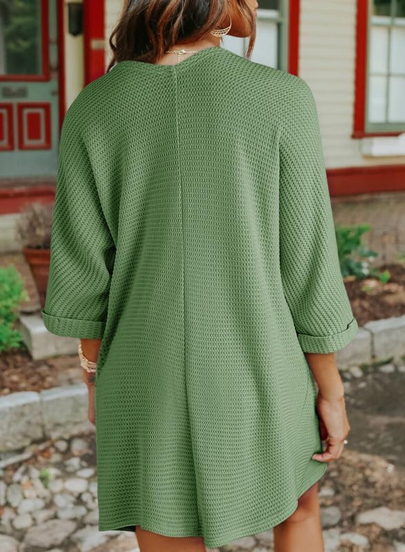 SHEWIN Women's Cardigans Casual 3/4 Short Sleeve Open Front Waffle Knit Lightweight Kimonos Cardigan Sweaters for Women - Image 3