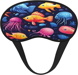 Ocean Fish Jellyfish Pattern Sleep Eye Mask for Women Men Soft Comfort Blackout Eye Cover with Elastic Strap Sleeping Eye Masks for Side Sleeper Night Sleeping Mask Cover for Travel Nap Meditation
