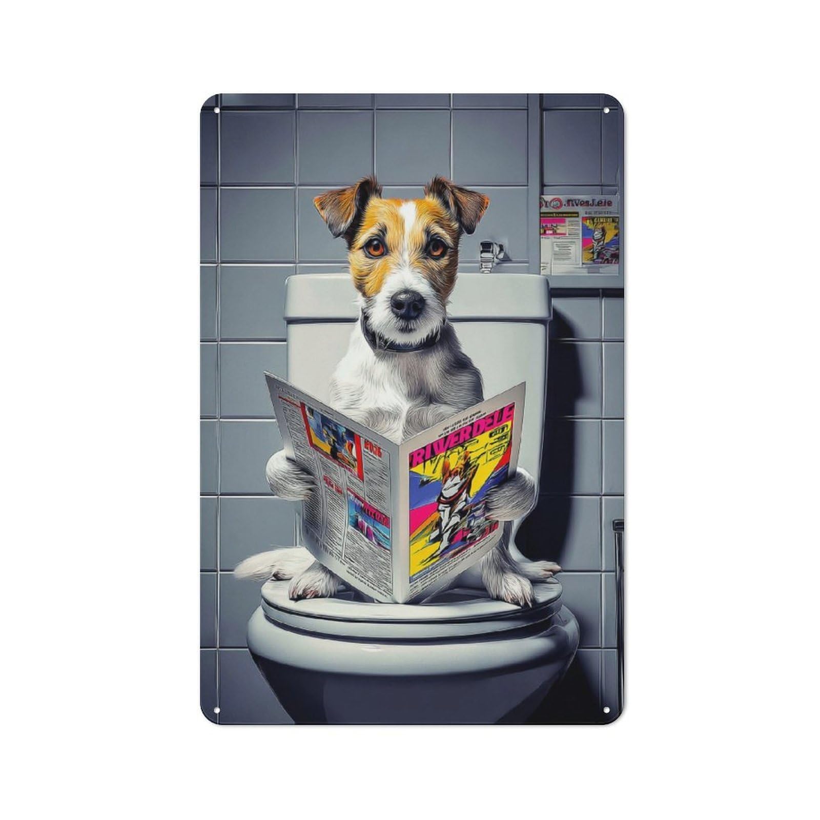 Junmoney Dog Reading Comic On Toilet Retro Metal Sign 30X20cm, Garage Style Shed Wall Plaque For Garage, Hobby Room, Office Or Man Cave