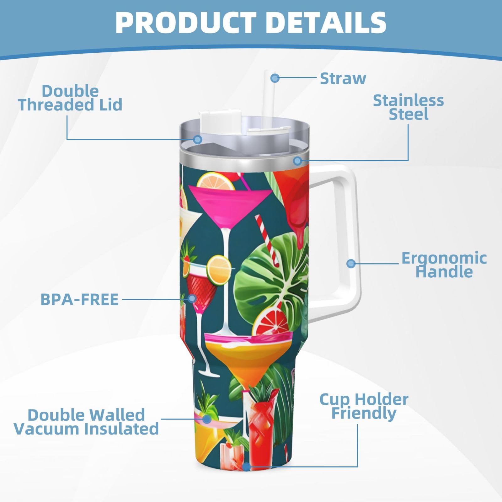 Tropical Cocktail - Botella de agua de acero inoxidable con aislamiento de doble pared con asa y tapa con popote