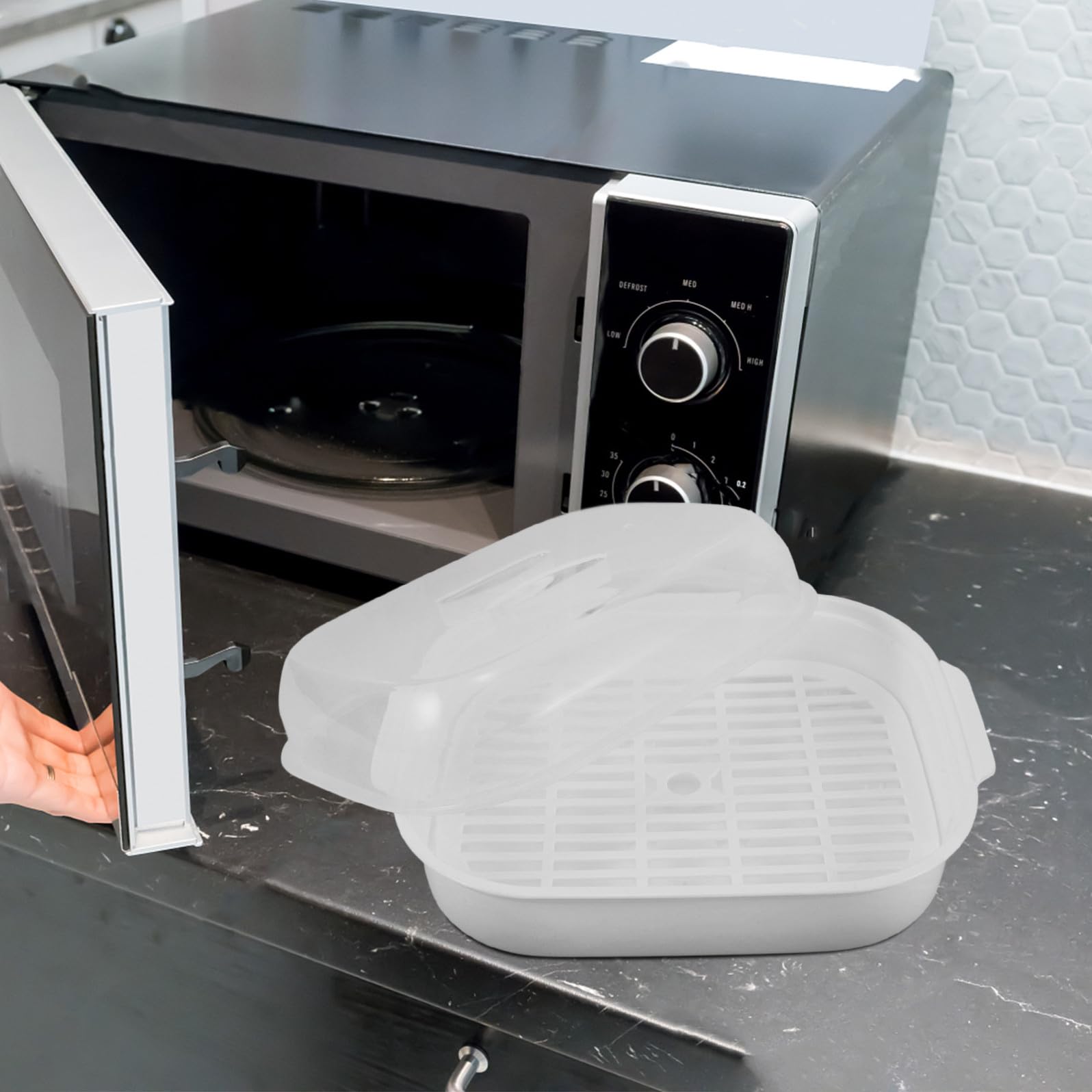 Vaschetta Vapore per Microonde con Coperchio Cucina Salutare e Pratica per Verdure Pesce e Cibo Trasparente Realizzata in Plastica Alimentare Resistente al Calore