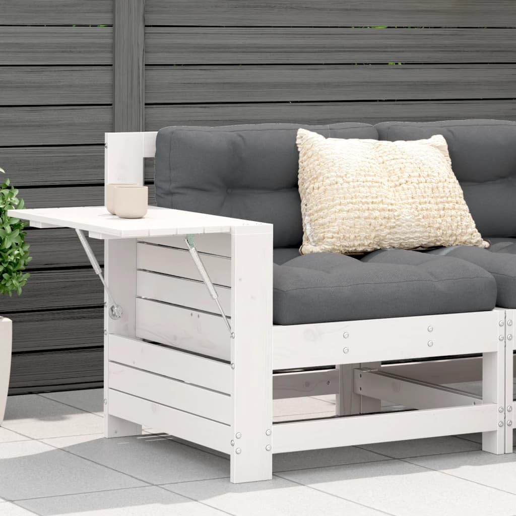 SXZenSpace White Solid Pine Modular Garden Armchair with Cushion & Foldable Side Table 69x62x70.5 cm Outdoor Sofa for Patio Balcony Conservatory