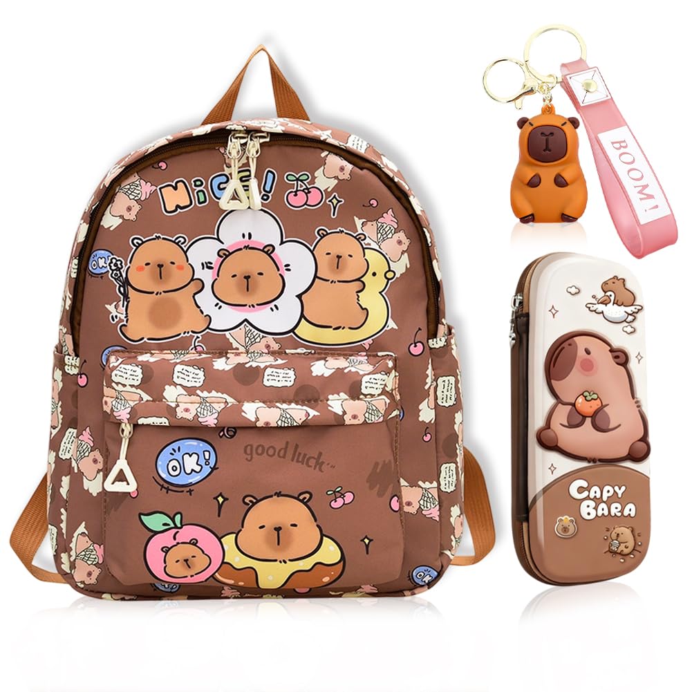 Capybara Backpack Set - Children's School Bag,Kawaii Pencil Case & Keyring | Waterproof Nursery Bookbag for Boys & Girls | Large Capacity Animal Rucksack for Kindergarten & Primary Kids Brown (A)