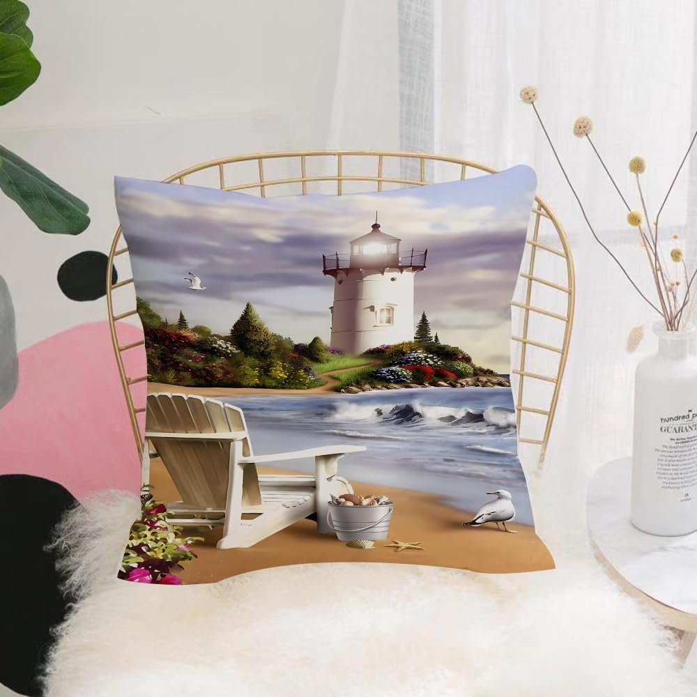 HYOSXW Cushion Cover,Throw Pillow Case Home Decorative for Living Room Bedroom Sofa Chair 16X16 Inch,Beach scene, a tranquil beach setting with lighthouse, comfortable chairs and c,Pillowcase 40X40cm