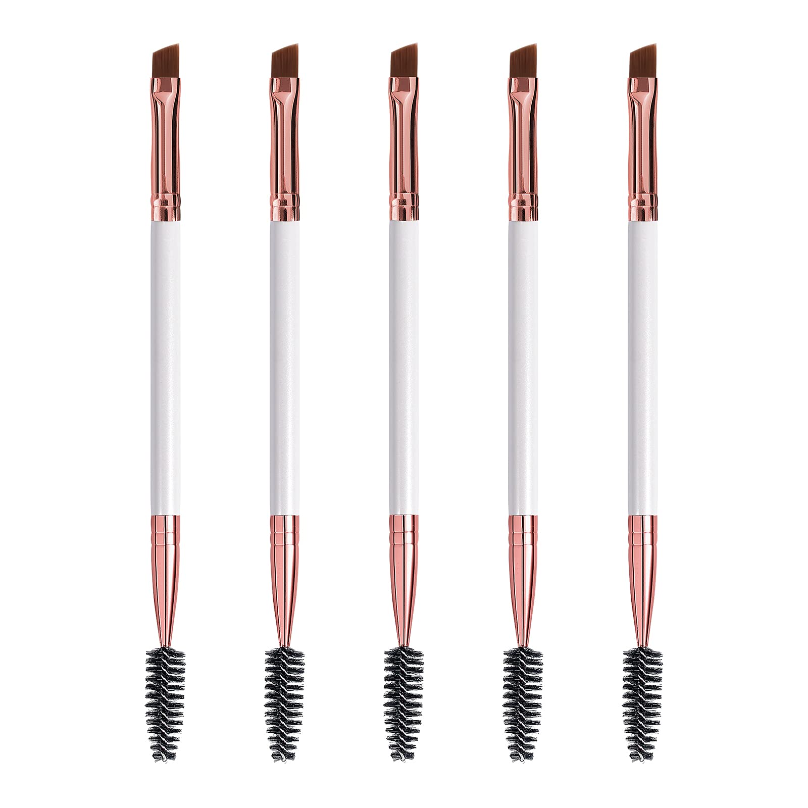 Duo Eyebrow and Eyelash Brush - Spoolie and Angled Brow Brush for Eye Makeup (5pcs, White)