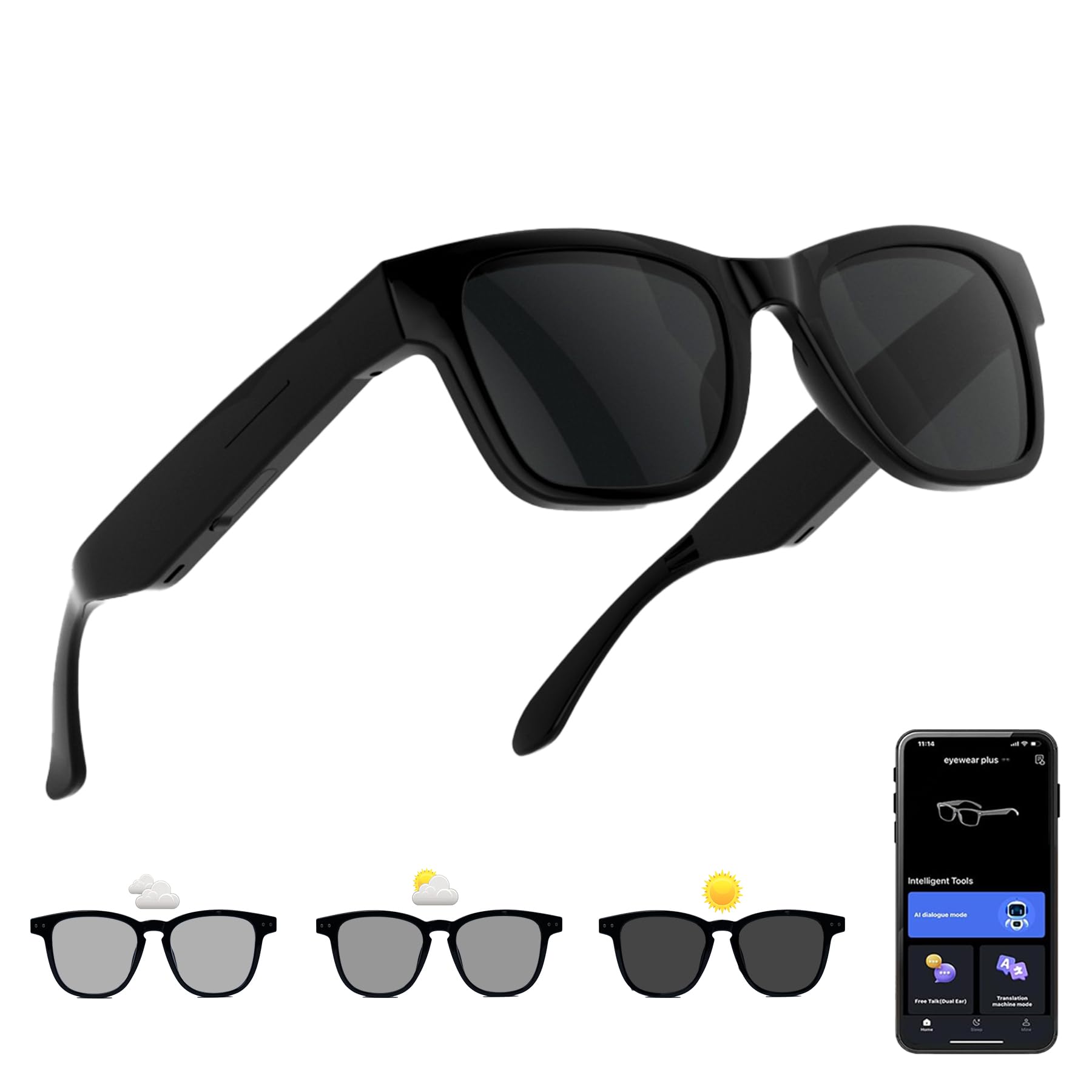 AI Smart Glasses with Color-Change Lenses Bluetooth Glasses for Men Women with Translation 160 Languages Voice Assistant Translator