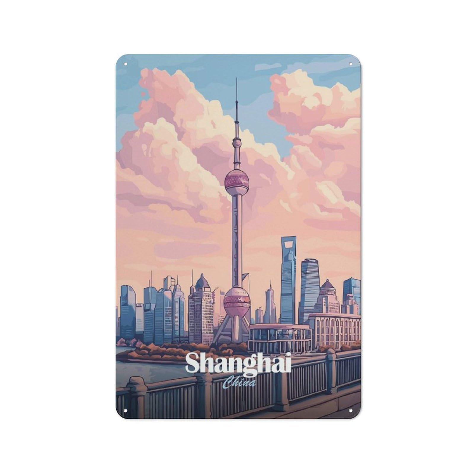 Junmoney Style-23 Outdoor Room Rustic Tin Sign 30X20cm Featuring Shanghai Skyline Illustration, Shed Wall Decor For Greenhouse, Garden Room, Cafe Or Entryway