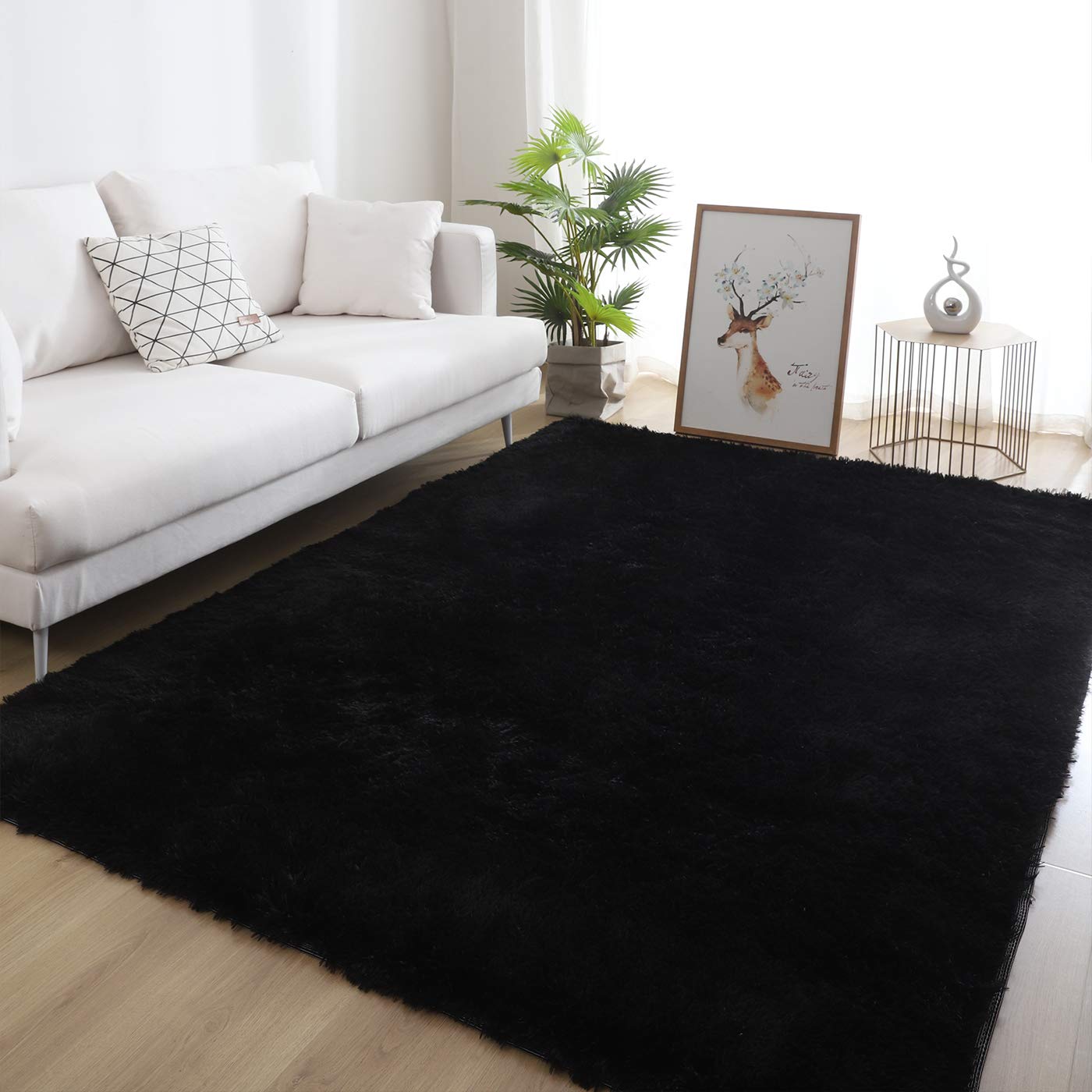 5x8 Black Area Rugs for Living Room Super Soft Floor Fluffy Carpet Natural Comfy Thick Fur Mat Home Furry Bedroom Rug