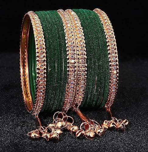 Image of NMII Metal with Zircon Gemstone and Velvet Studded Bells Latkan Bangles Set For Girls and Women I Latkan Bangles, Premium Bangle Bracelet Set I Pack of 16 Bangles