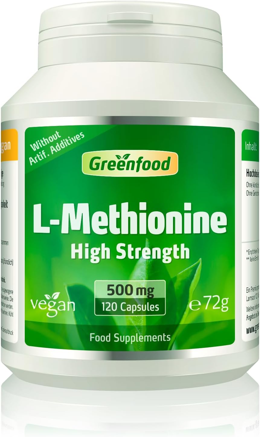 L-methionine, 500 mg, Highly dosed, 120 Capsules, Vegan – Important and Essential Amino Acid. Building Material for proteins. Without Artificial additives, Without GMO.