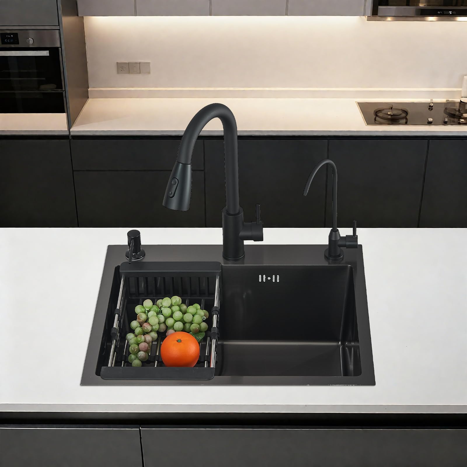 Waschbecken Küche Schwarz Multifunktionale Küchenspüle mit Ausziehbarer Auslauf Seifenspender Reinwasserauslauf und komplettem Installationsset 1 Becken 55 * 45 * 20 cm Edelstahl