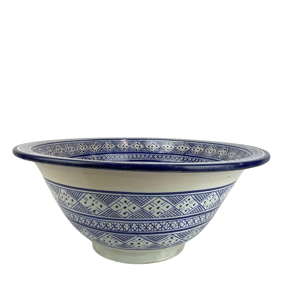 Lavabo Marocchino in Ceramica, Dipinto a Mano, Blu e Bianco, 50 cm, Stile Fes