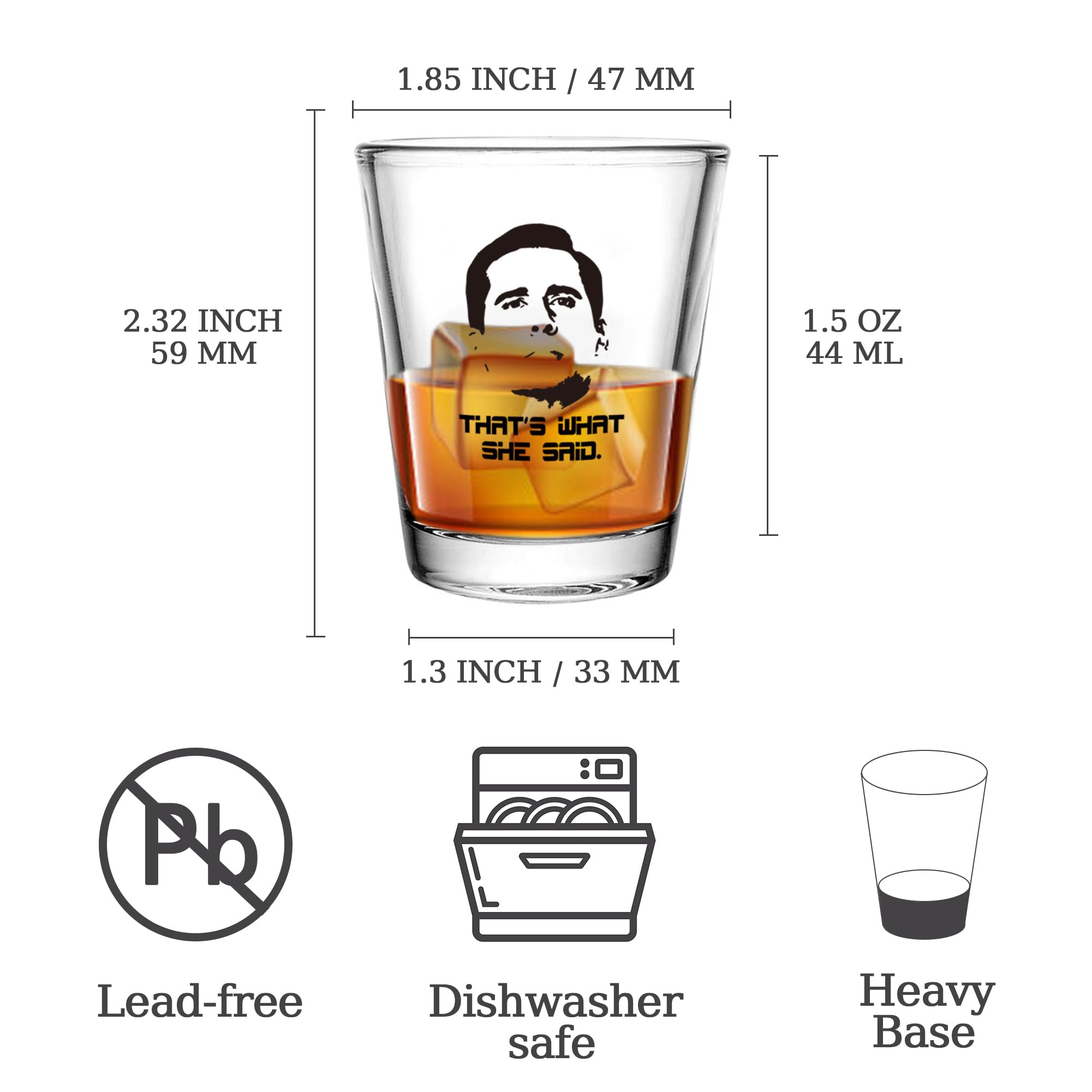 6 PCS The Office Merchandise Shot Glasses Set, 1.5 oz The Office Merch Clear Shot Glass Cups with Heavy Base, Funny Gifts for Men, Women or TV Show Fans