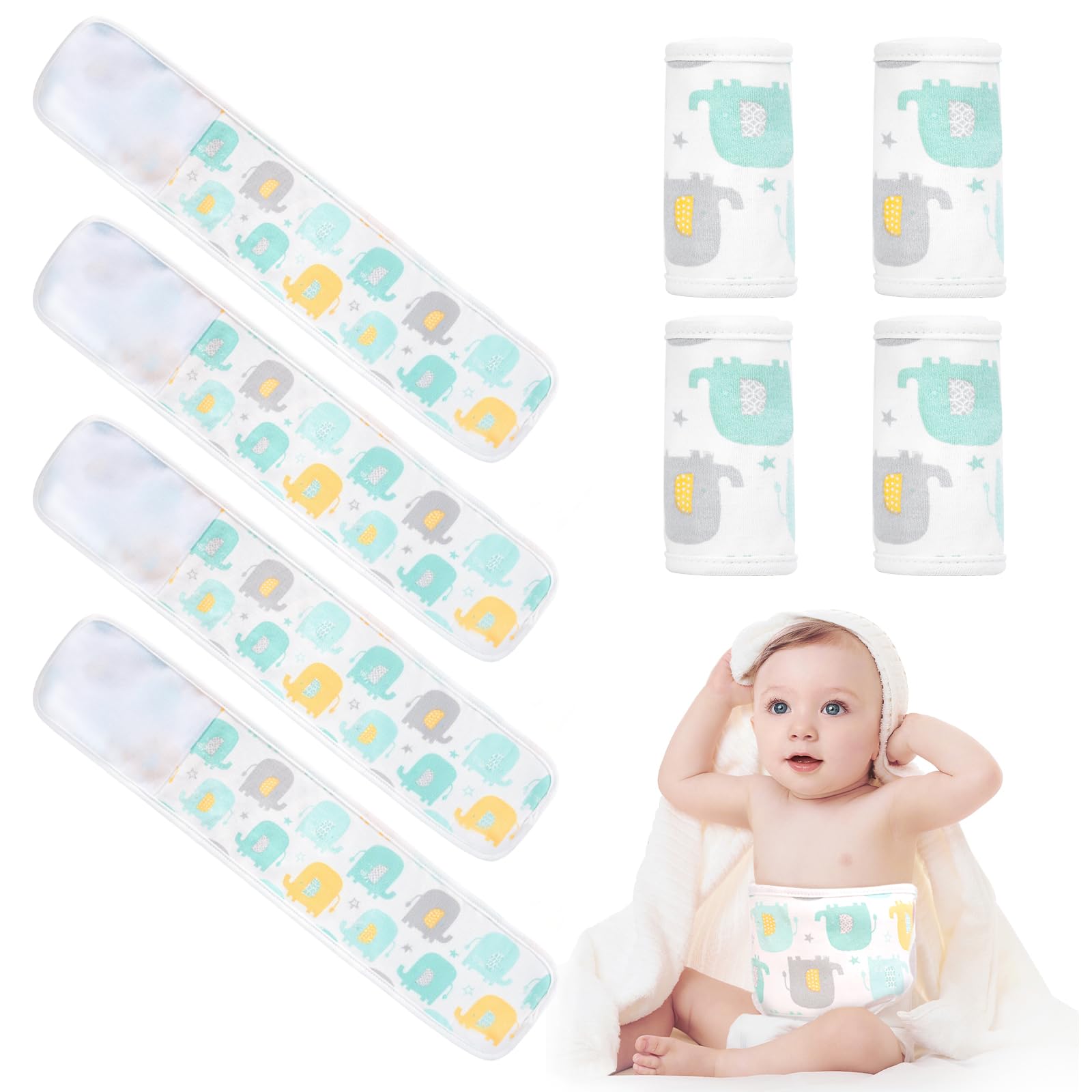 4 Pack Baby Umbilical Cord Belly Band, Soft Cotton Adjustable Newborn Navel Wrap, Cartoon Elephant Baby Tummy Protector for 0-12 Months, Infant Gift