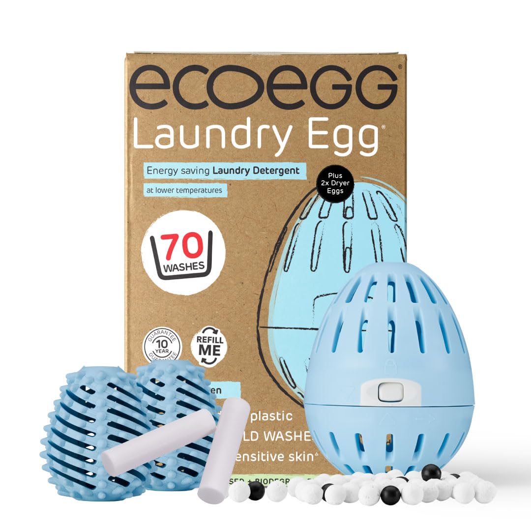 Ecoegg Fresh Linen Refillable Laundry Egg & Dryer Balls. Eco Detergent Replacement. Non Bio, no enzymes, phosphates. 70 Washes. Dryer Balls Reduces Drying Time.