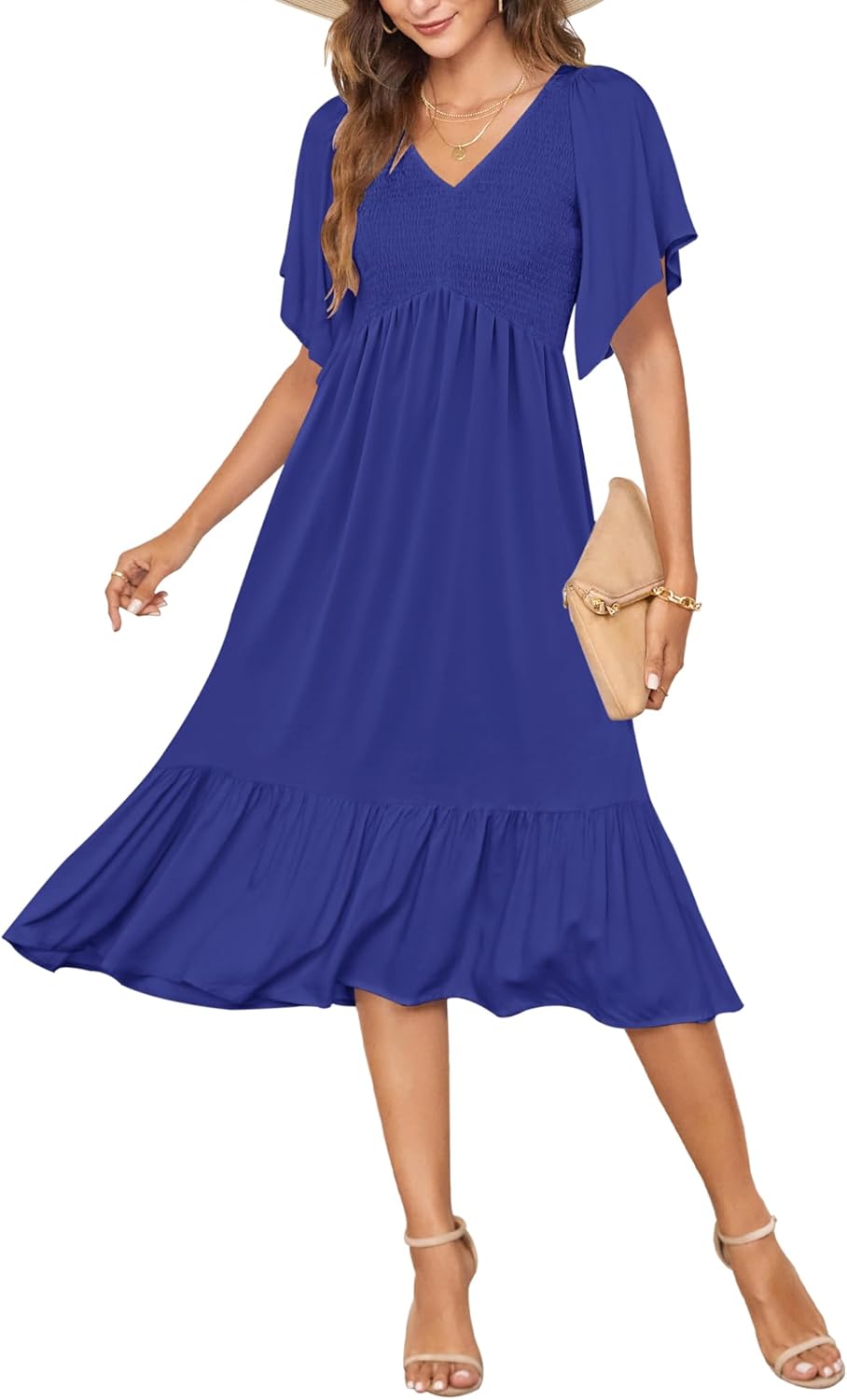 AUSELILY Women's Summer Empire Waist Dress Smocked Flutter Short Sleeve V Neck Midi Dresses 2025 New