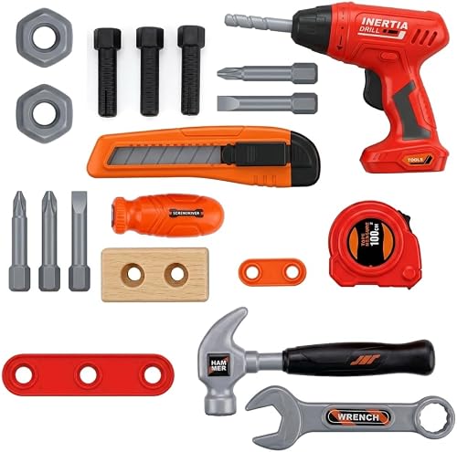 Kids General Toy Tool Set with Inertia Drill, 19 Piece | Ages 3+, Includes Hammer & Wrench, Drill with Accessories, Pretend Play, 32 x 25 cm Box