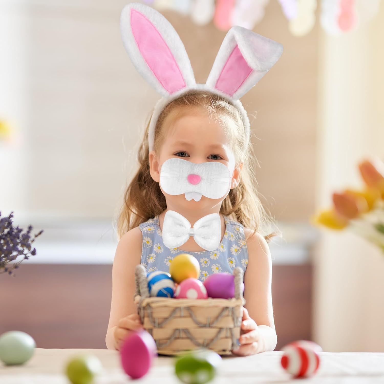 Mototo 4 PCS Easter Bunny Ears Costume Accessories Plush Bunny Ears Headband and Tail Set Rabbit Nose Bow Tie for Adult Girl Boy Halloween Cosplay Birthday Performance School Stage, White - Image 4