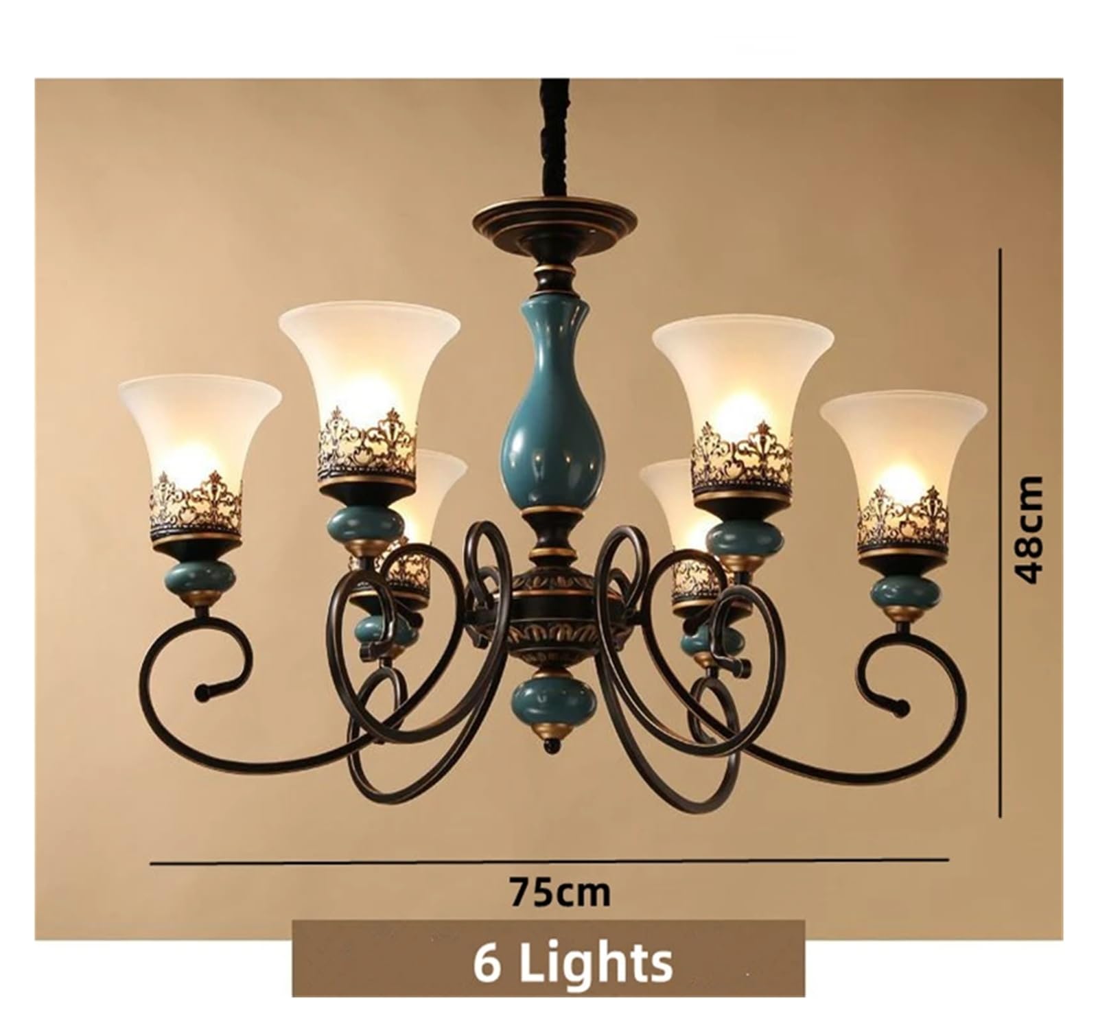 Lámparas de araña de cerámica V-intage europeas, luminaria de pantalla de cristal con brazo de hierro y Metal de diseño clásico antiguo Compatible with sala de estar y . , Lámparas colgantes modernas