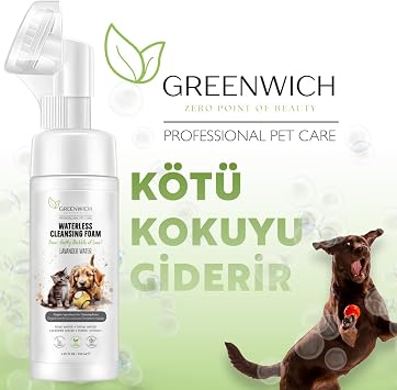 Greenwich Organik İçerikli Kedi Köpek Temizleme Köpüğü 150 ml | Pati ve Vücut | Kuru Şampuan | Kaşıntı Tahriş ve Koku Giderici | Vegan