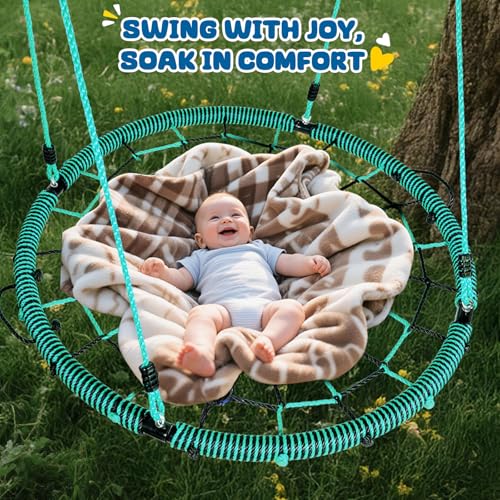 Image of Trekassy 750lbs 40 inch Spider Web Saucer Tree Swing for Kids Adults, Outdoor Net Swing with Steel Frame and 2 Hanging Straps-Green+Black (Patented)