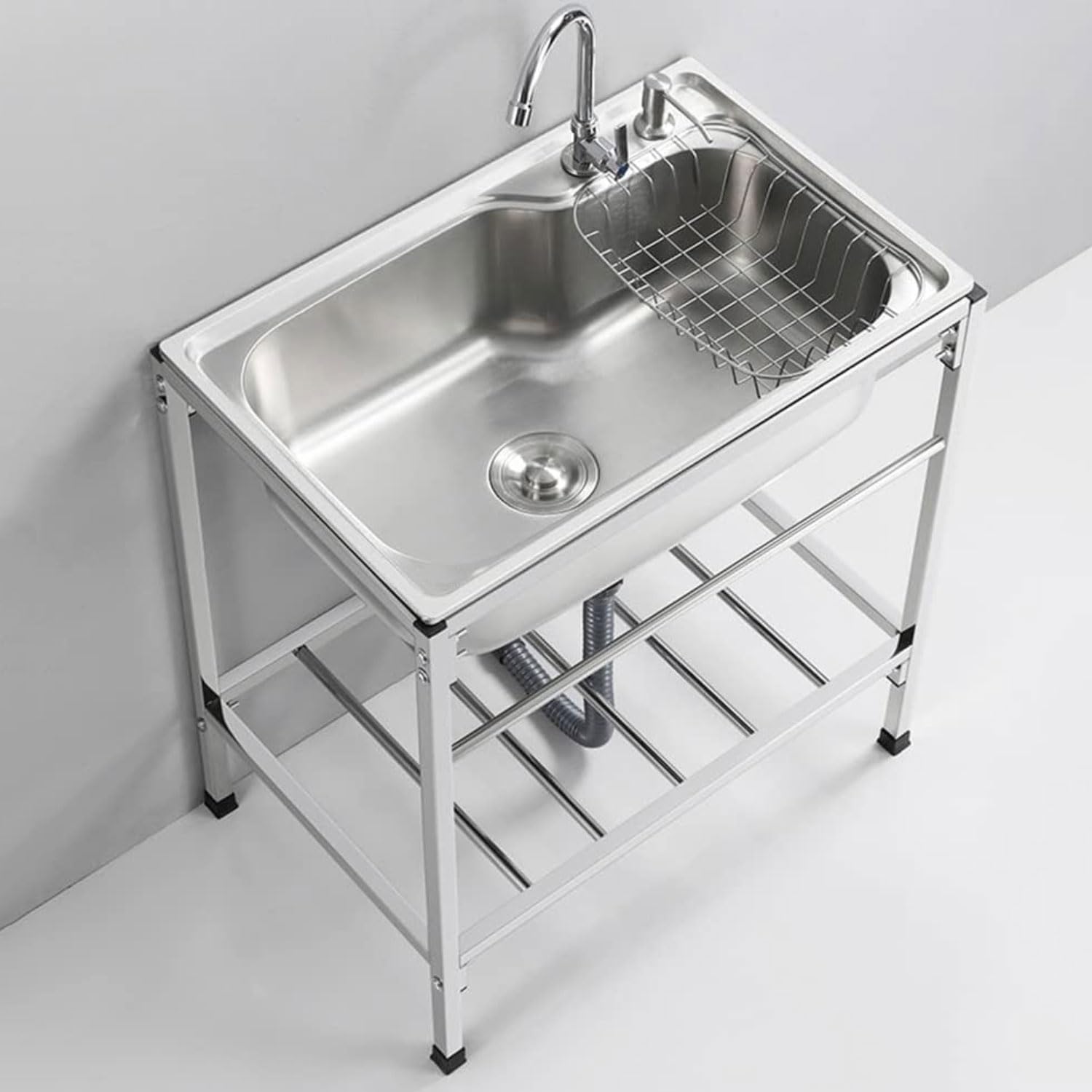 Évier sur pieds en acier inox durable et résistant pour cuisine de restaurant