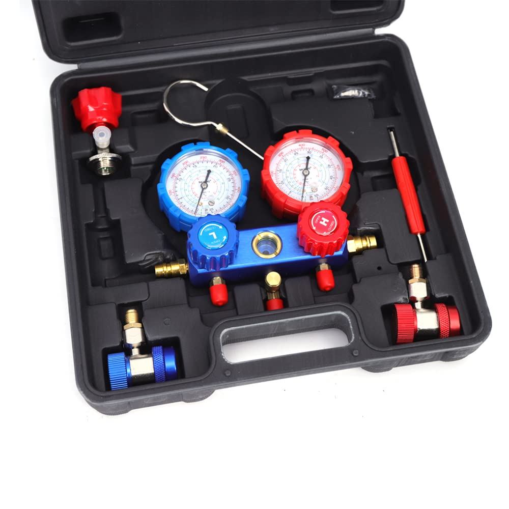 Krümmer Manometer Set Kfz, Klimaanlage Monteurhilfe Gauge Set - Auto Klimaanlagen Manifold Gauge mit Schlauchset für R410A/R134A/R536A/R530G/R636G