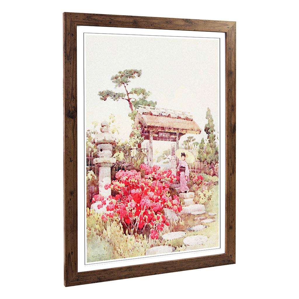 Big Box Art Framed Print of Ella Du Cane Japanese Oriental Azaleas Design | Wall Art Picture | Home Decor for Kitchen, Living Room, Bedroom, Hallway, Walnut, A2 / 24.5x18 Inch / 62x45cm