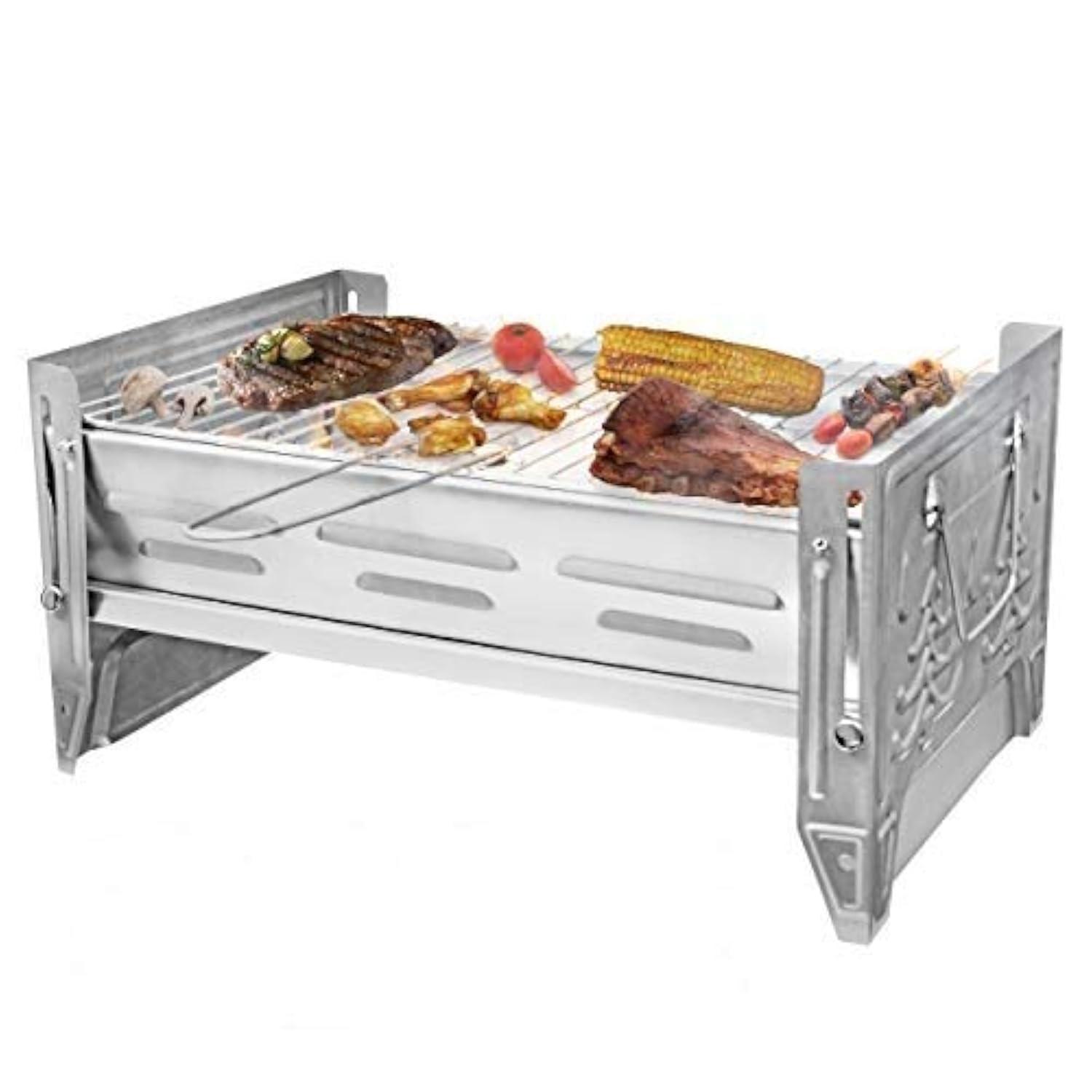 VENTON Grill kempingowy 26,8 x 40,2 x 19,8 cm (dł. x szer. x wys.), składany i mobilny mini grill, praktyczny grill podróżny ze zdejmowanym rusztem, stabilny składany grill ze stali nierdzewnej, przenośny grill outdoorowy