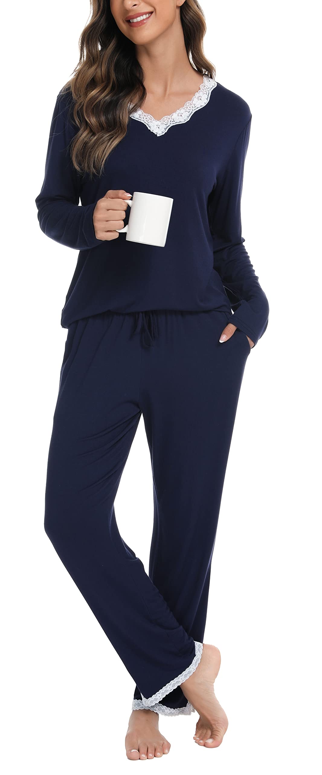 Lovasy Pigiama Donna Manica Lunga Pantaloni Lunghi Casual Scollo a V Top con Motivo a Pois Carino con Tasca Due Pezzi