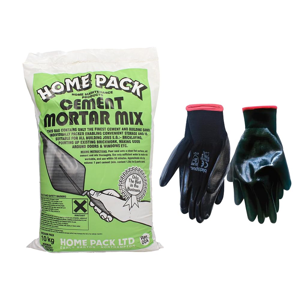 Concept4u Cement Morter Mix 10kg with Large Nitrile Coated Gloves General Purpose Mortar Mix for Interior and Exterior Repair Jobs Ideal for Bricklaying, Pointing, Repairing, Rendering