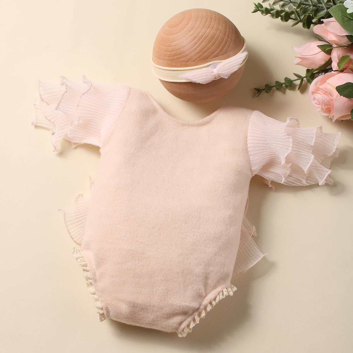 Ylsteed Newborn Photography Outfits Girl Lace Romper with Headband Photo Shoot Outfits Girls Photo Props - Ruffles Beige