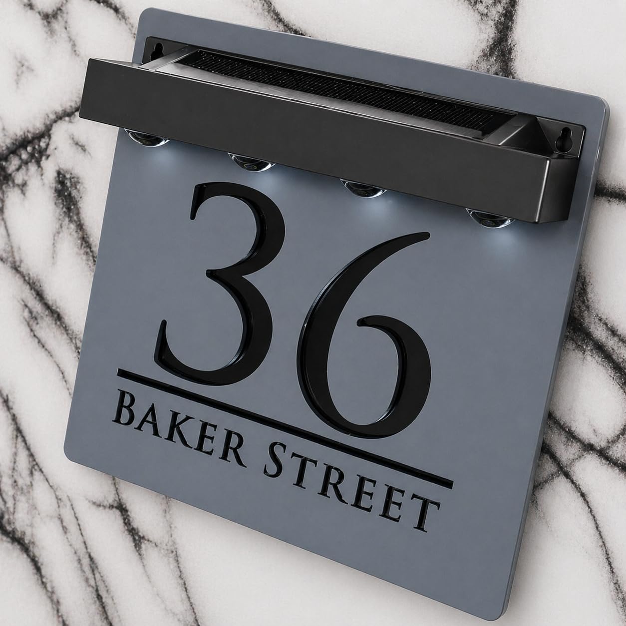 K Smart Sign | Bellissima S1 LED F32 | Square Solar Light House Signs Door Number Plaques With LED Personalised Name Address Sign For Wall With Classic Text (Matt Grey & Gloss Black)