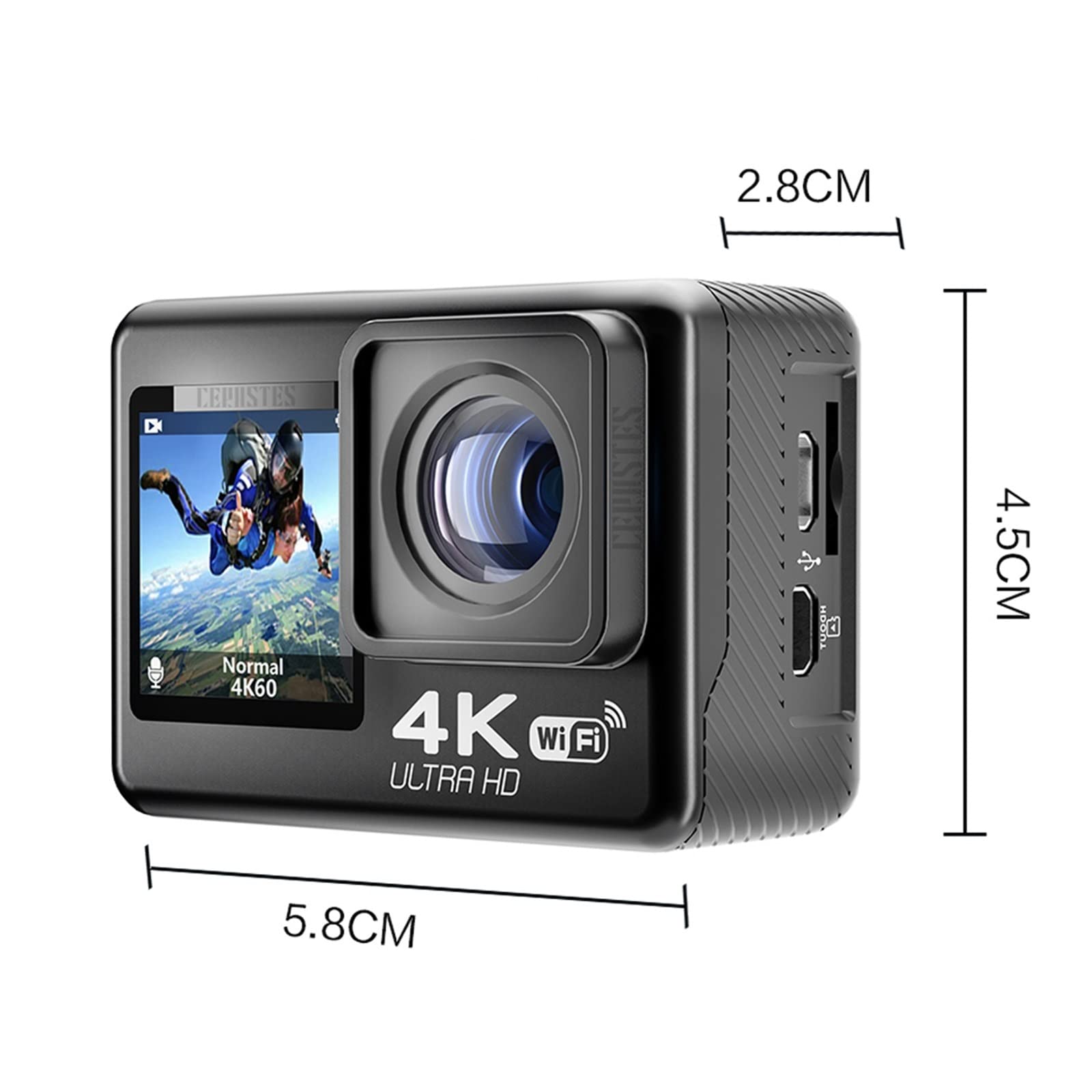 Macchina fotografica d'azione, Impermeabile 4K 60FPS Anti-shake Action Camera Doppio schermo 170 ° grandangolare 30m Fotocamera sportiva impermeabile con telecomando Cam all'aperto(32GB,4K -V35)