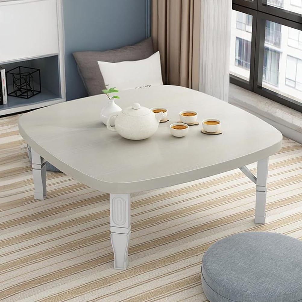 TBQATNTS Japanese Folding Low Table, Wooden Tatami Floor Table for Sitting on The Floor, Space-Saving Small Desk for Bedroom, Bay Window, Tea Room, or Outdoor Use,White,23.6x23.6in