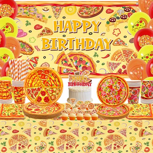 Décoration d'anniversaire pizza avec assiettes, tasses et nappe pour fête d'enfants