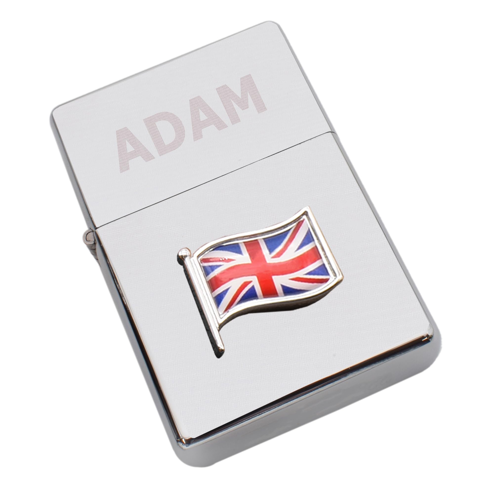 UK British United Kingdom Design Wave Flag Lighter Personalised with a Name or Initials, Chrome Finish, Presented in Box