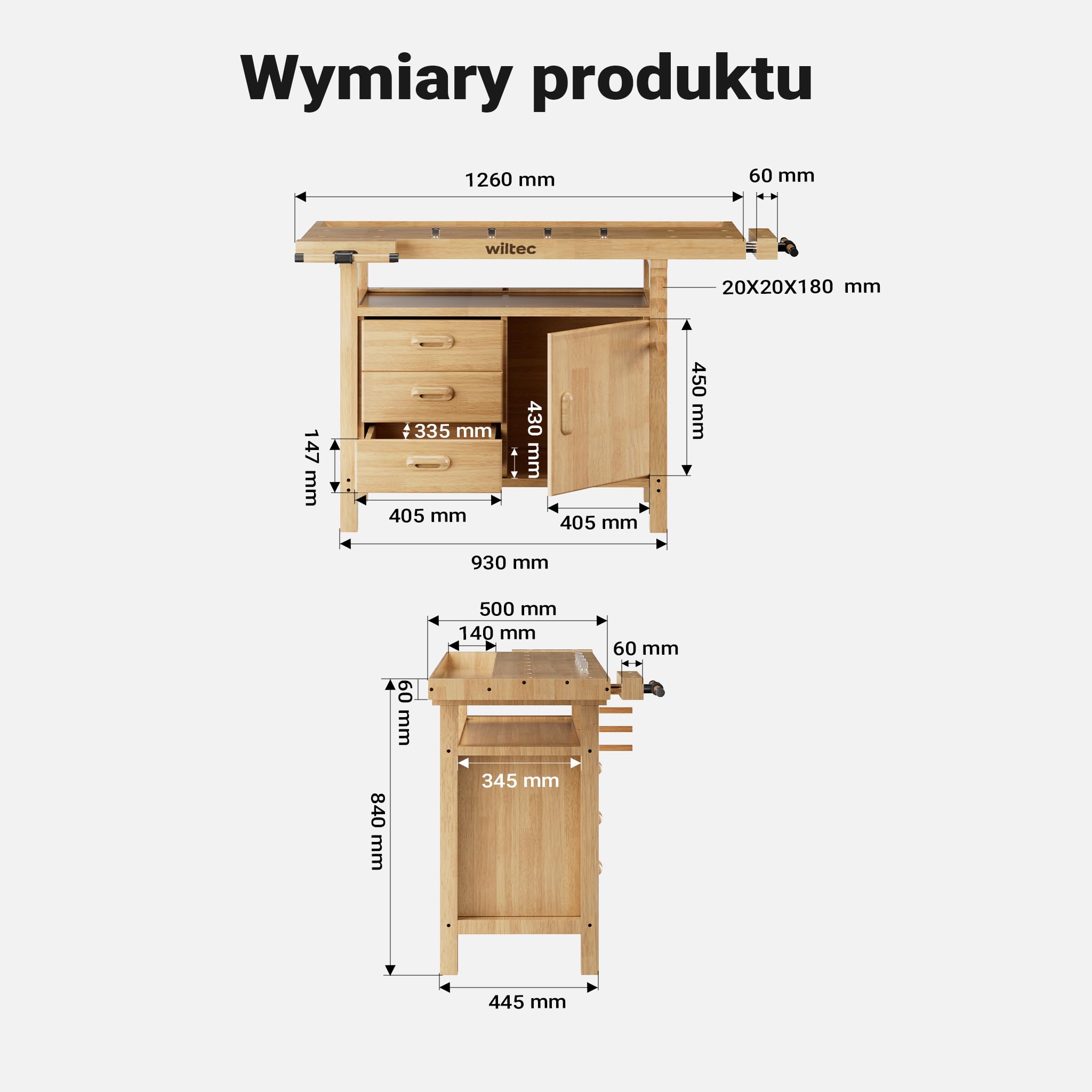 Wiltec Strugnica stół warsztatowy z drewna 126x50x84cm ława stolarska imadła haki szuflady i półka