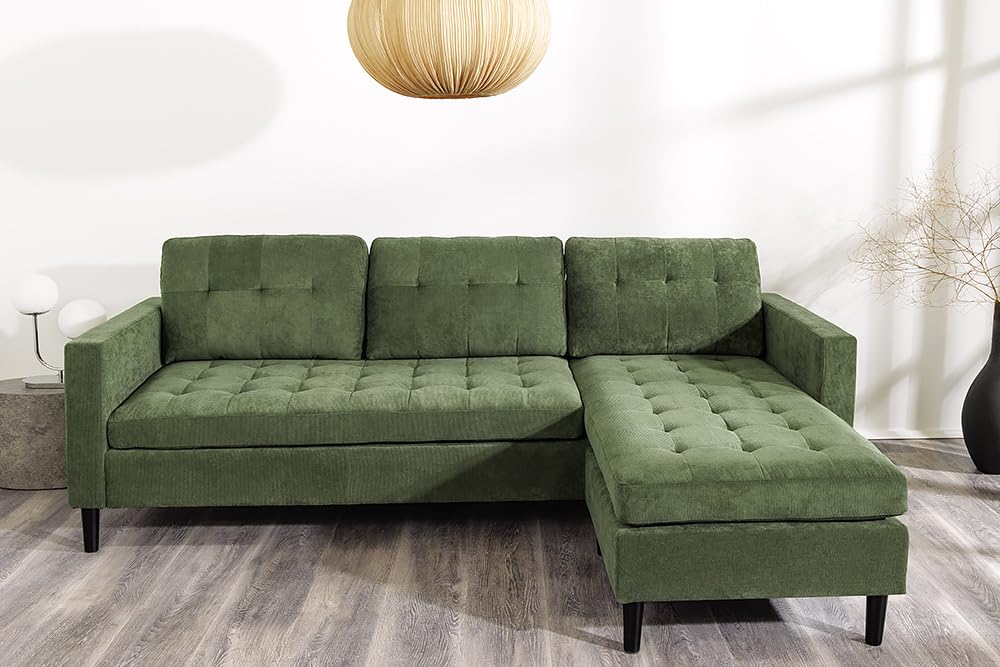 Ecksofa STOCKHOLM - 220cm - grün - Cordstoff - Federkern Rundum-Bezug | Ottomane links oder rechts montierbar, Taschenfederkern, skandinavischer Stil, pflegeleicht, belastbar bis 120 kg