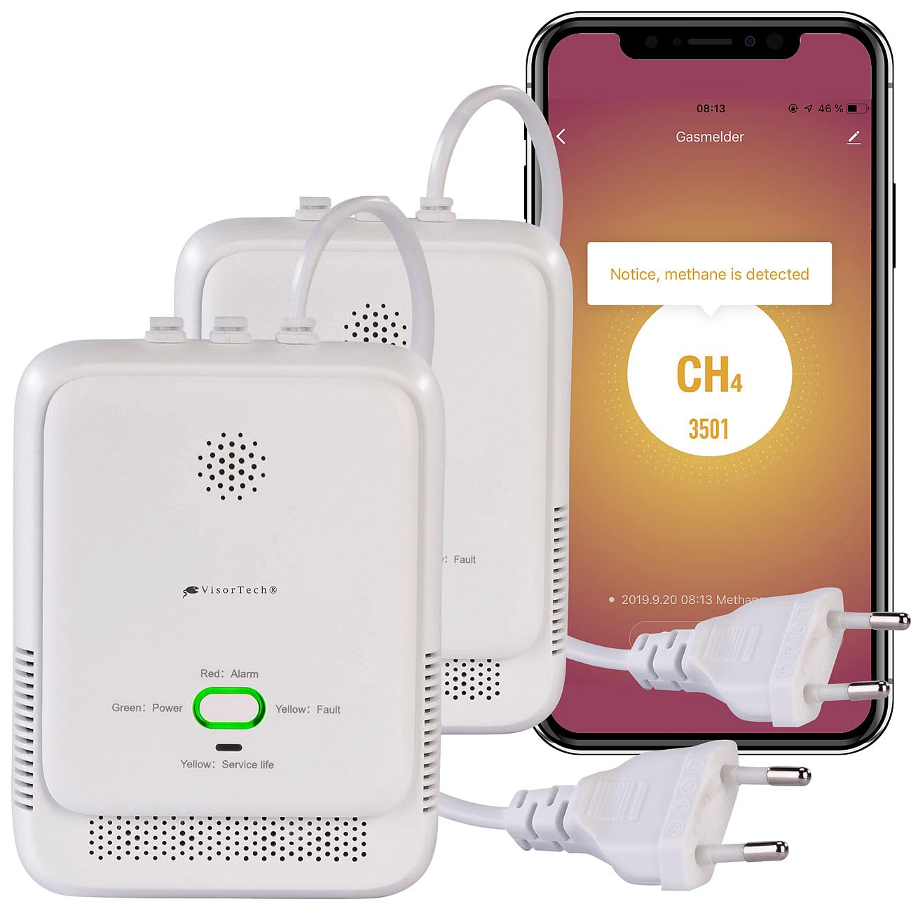 VisorTech Gasmelder Camping: 2er-Set Smarter Multi-Gasmelder für haushaltsübliche Gase, WLAN, App (Gaswarnmelder WLAN, Gasleckdetektor, Grill)