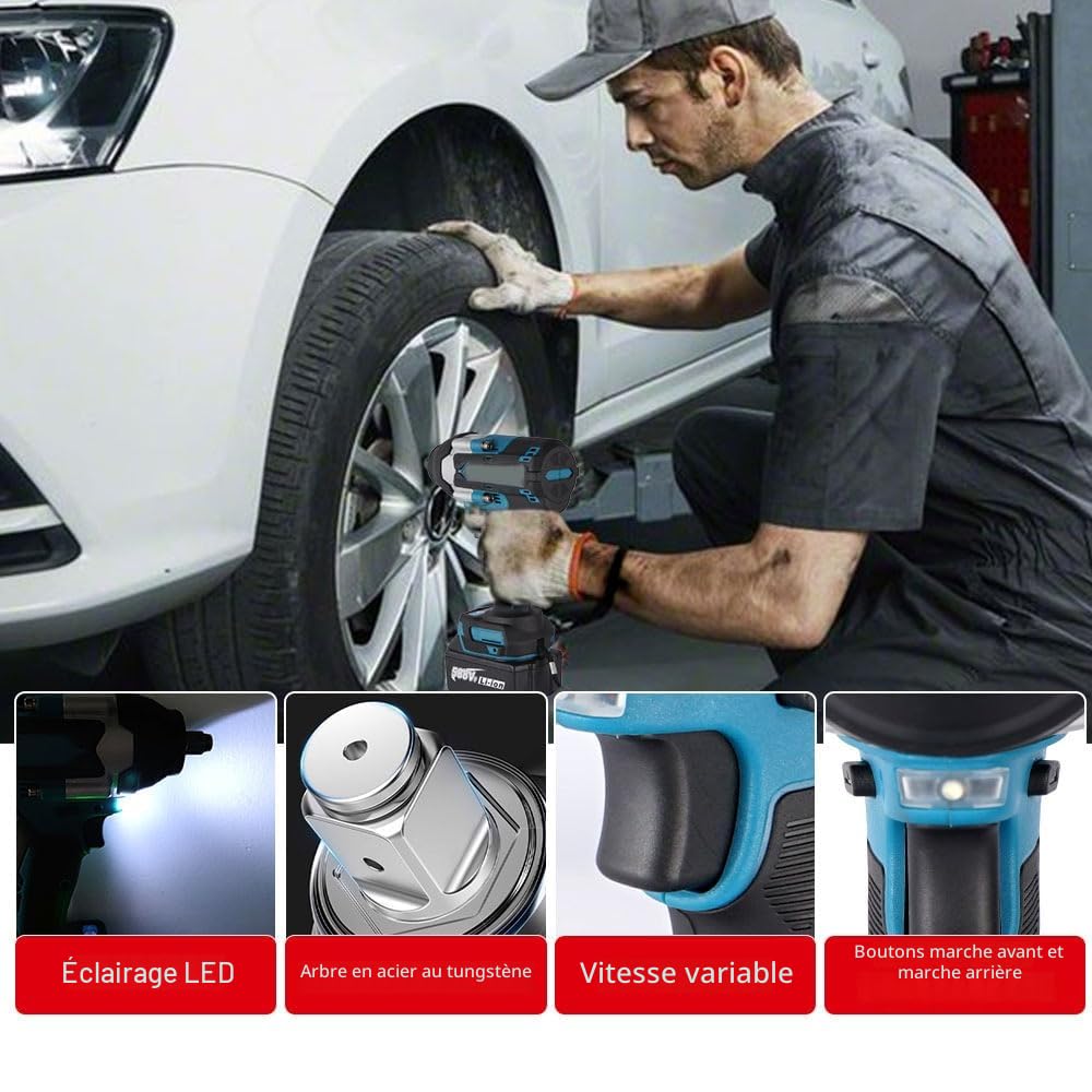 1800N.M Clé à Chocs Sans Fil,1/2 Pouce Boulonneuse a Choc, Compatible avec Makita 18V,Clé à Chocs Multifonction avec Lumière LED,avec 1 batterie, 7200 tr/min,5 vitesses,pour voiture et maison (Bleu)