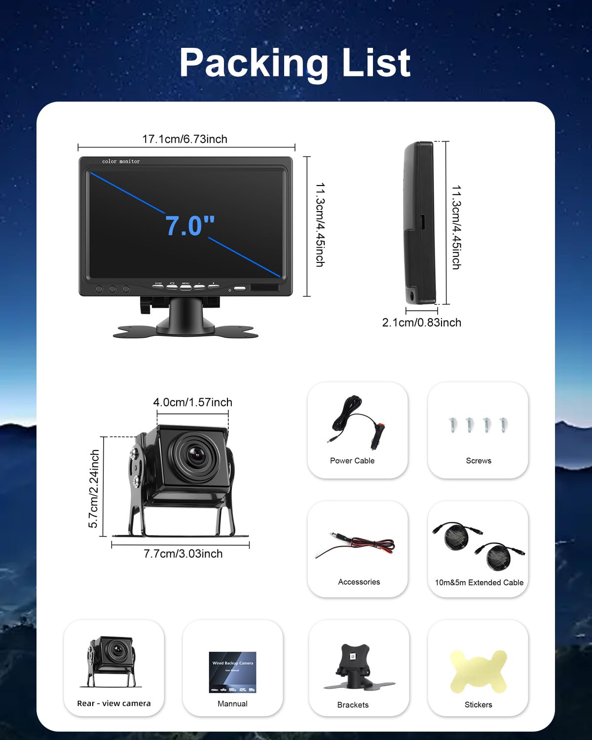 NHOPEEW Kit Telecamera di Backup con Monitor da 7 pollici - Telecamera di backup 1080P Supporto IP69 impermeabile/Super visione notturna - Kit monitor per camion/autobus/rimorchi/camper