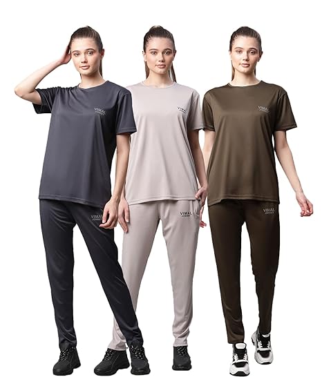 Vimal Jonnney Dryfit Lycra Solid Multicolor Tracksuit Co-ord Sets for Women (Pack of 3)-DRYFIT_T_D10_GRY_L.GRY_OLV_006-P