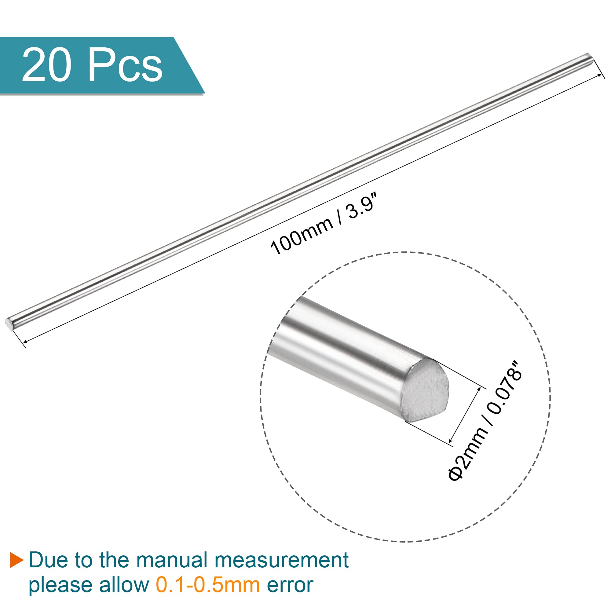 MECCANIXITY 304 Stainless Steel Round Rods Bar,2mm Diameter 100mm Length for Various Shaft DIY Craft Model Car Plane Ship Pack of 20