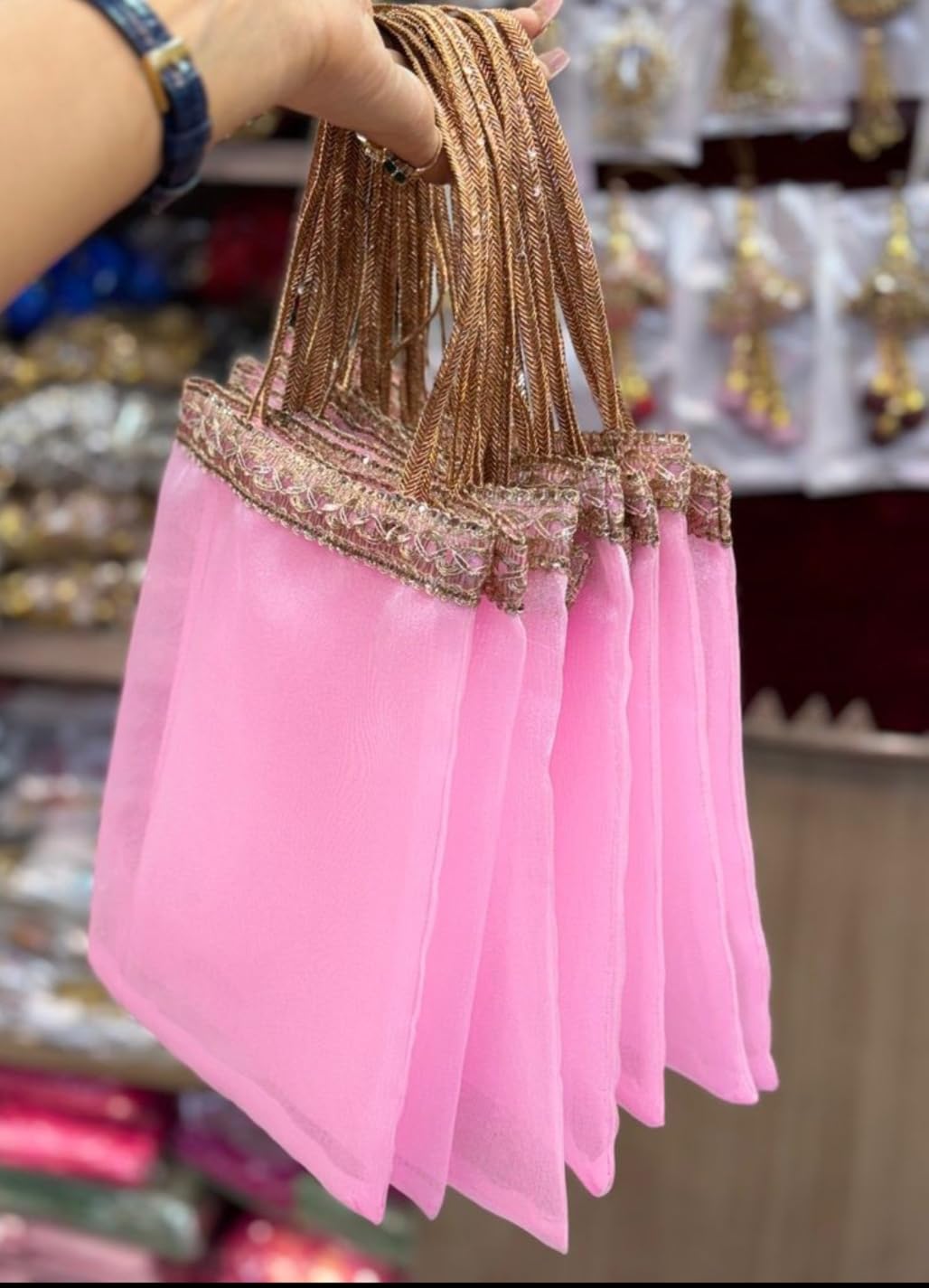 Elegant Pink Net Gift Bags with Gold Brocade Trim and Handle, 8x10 Inch, Wedding Favor Jewelry Packaging Return Gift Pouches, Set of 5-image-14